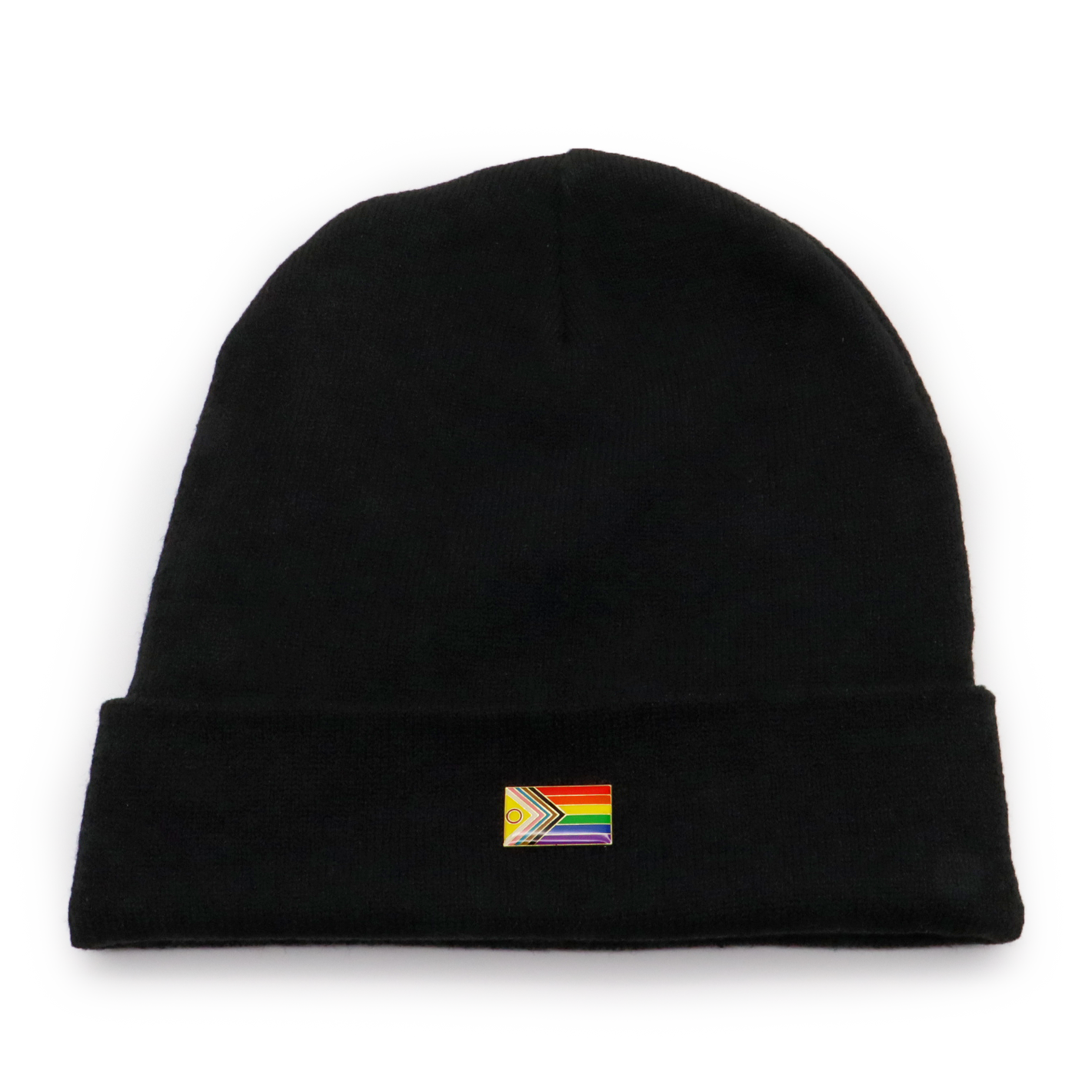 Progress Pride Pin an Wintermütze